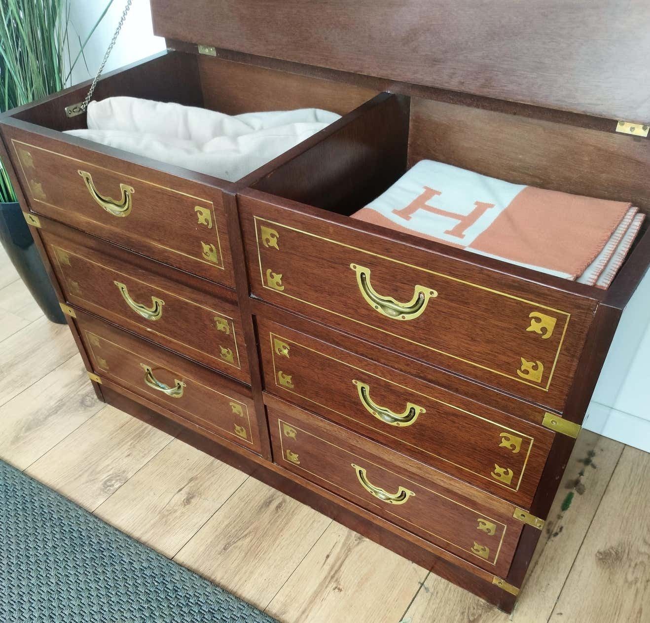 Italian Midcentury Wood And Brass Marine Military Campaign Style Chest photo for sale