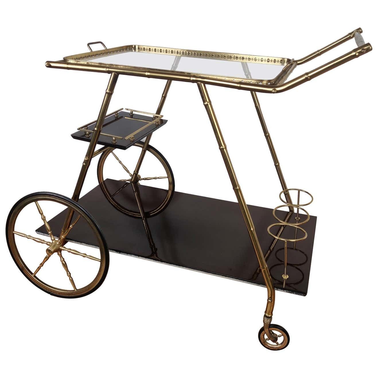 Two Tier Brass And Glass Bar Cart With Removable Top Tray, Italy, 1970s