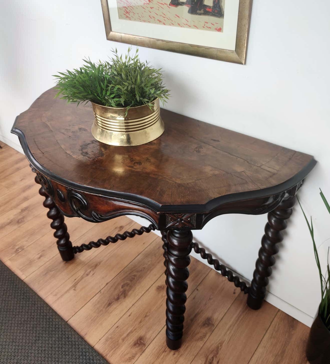 Antique French Console Side Table Carved Oak Beveled Top Barley Twisted Legs photo for sale