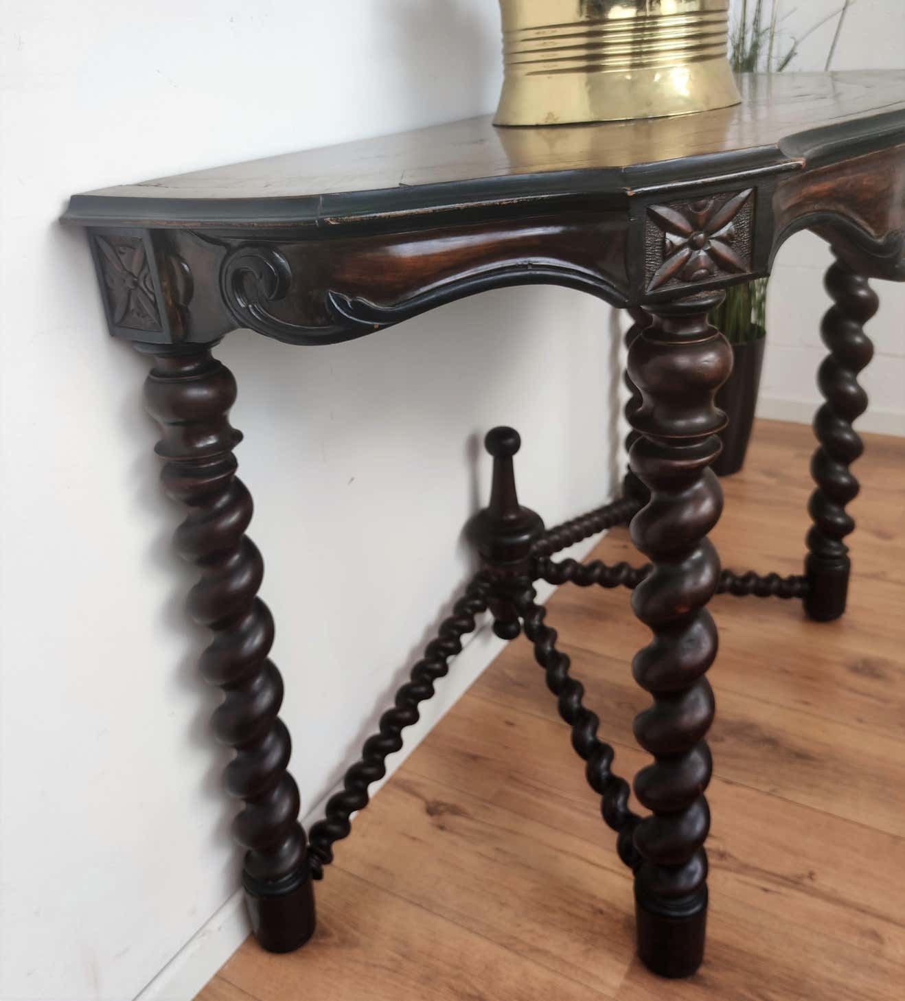 Antique French Console Side Table Carved Oak Beveled Top Barley Twisted Legs photo vinterior
