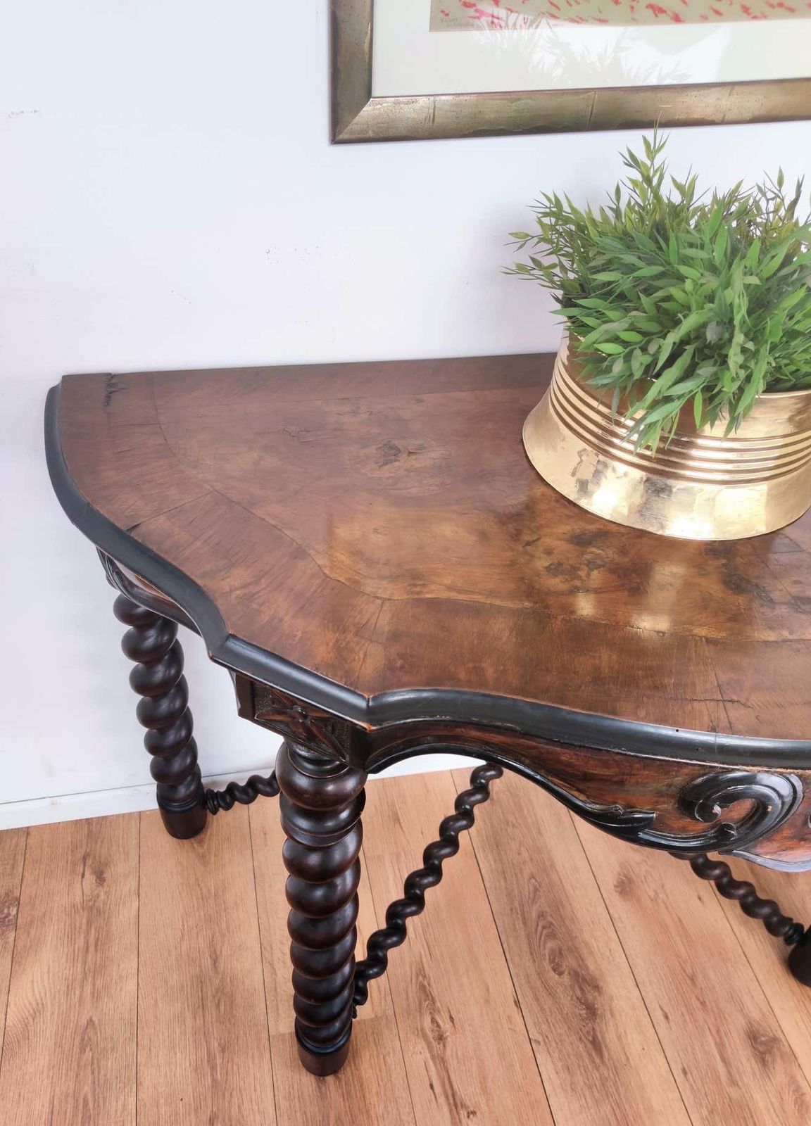 Antique French Console Side Table Carved Oak Beveled Top Barley Twisted Legs photo buy