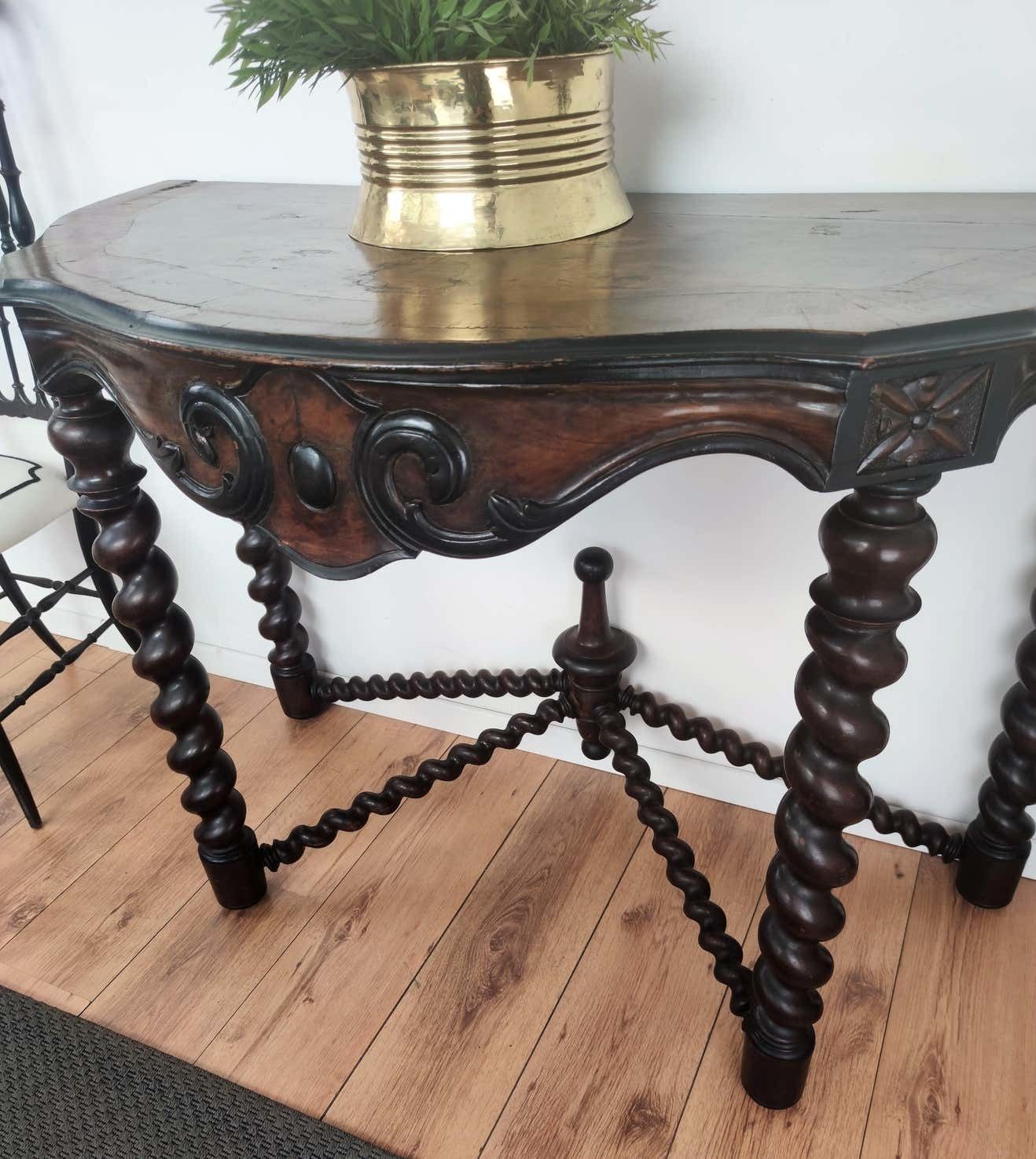 Antique French Console Side Table Carved Oak Beveled Top Barley Twisted Legs photo vintage