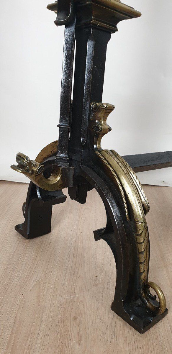 Pair Of Andirons In Bronze And Iron, Gothic Style, Xixth Century photo furniture