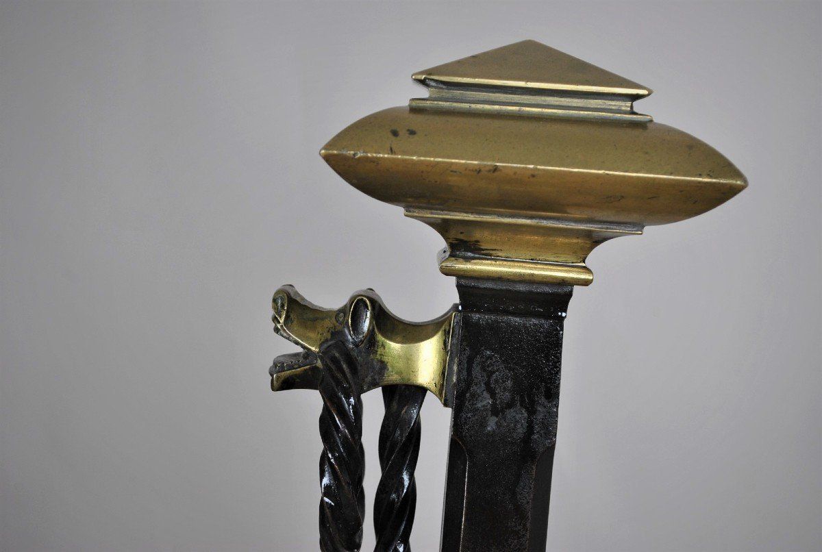 Pair Of Andirons In Bronze And Iron, Gothic Style, Xixth Century photo buy