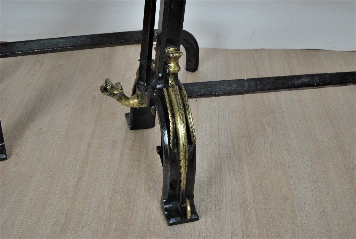 Pair Of Andirons In Bronze And Iron, Gothic Style, Xixth Century photo vintage