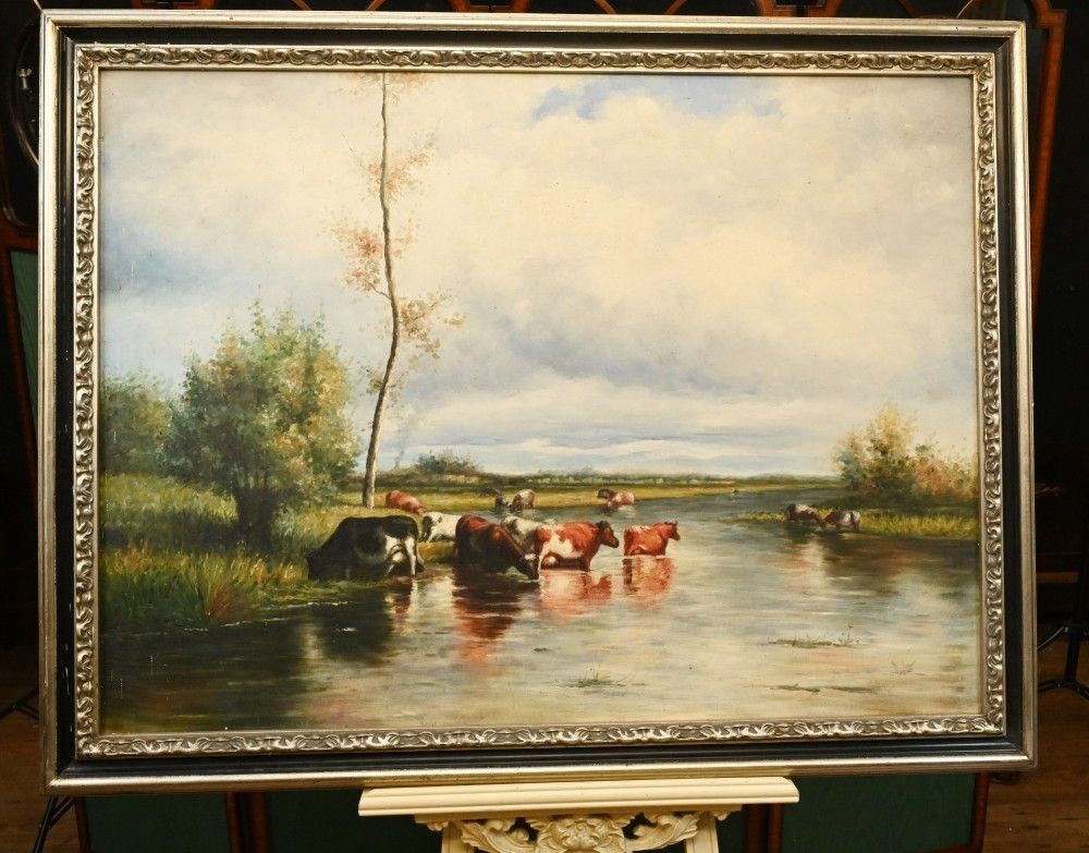 Victorian Oil Painting Pastoral River Scene Landscape Constable photo furniture