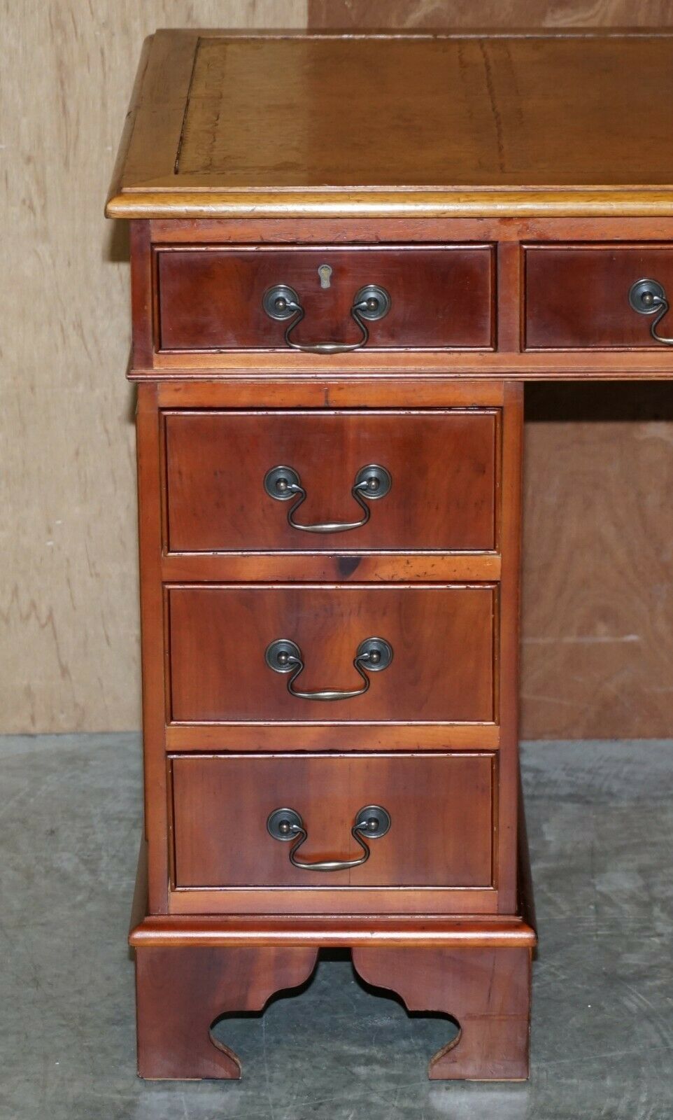 Vintage Walnut Twin Pedestal Partner Desk Tan Brown Leather Top Panelled Back photo for sale