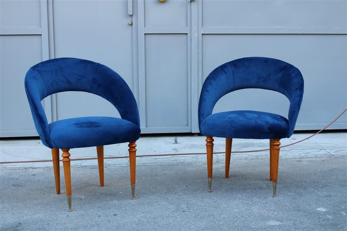 Pair Of Midcentury Cobalt Blue Brass Round Bedroom Chairs Maple Wood photo furniture