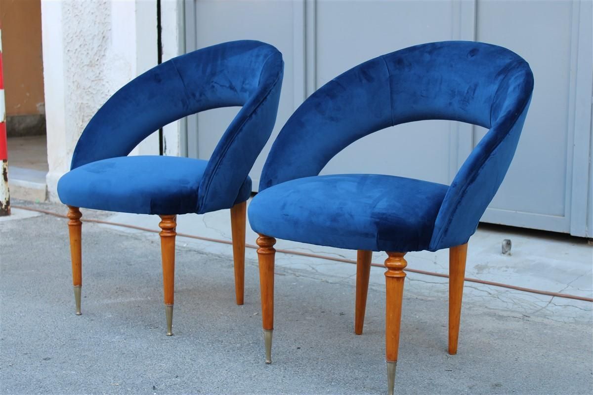 Pair Of Midcentury Cobalt Blue Brass Round Bedroom Chairs Maple Wood photo vintage