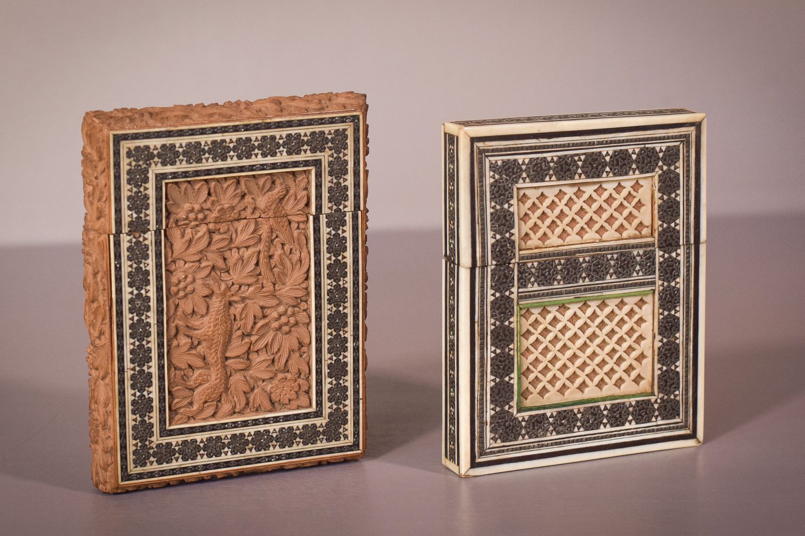 Pair Of 19c Anglo Indian Sadeli Mosaic Greeting Card Cases