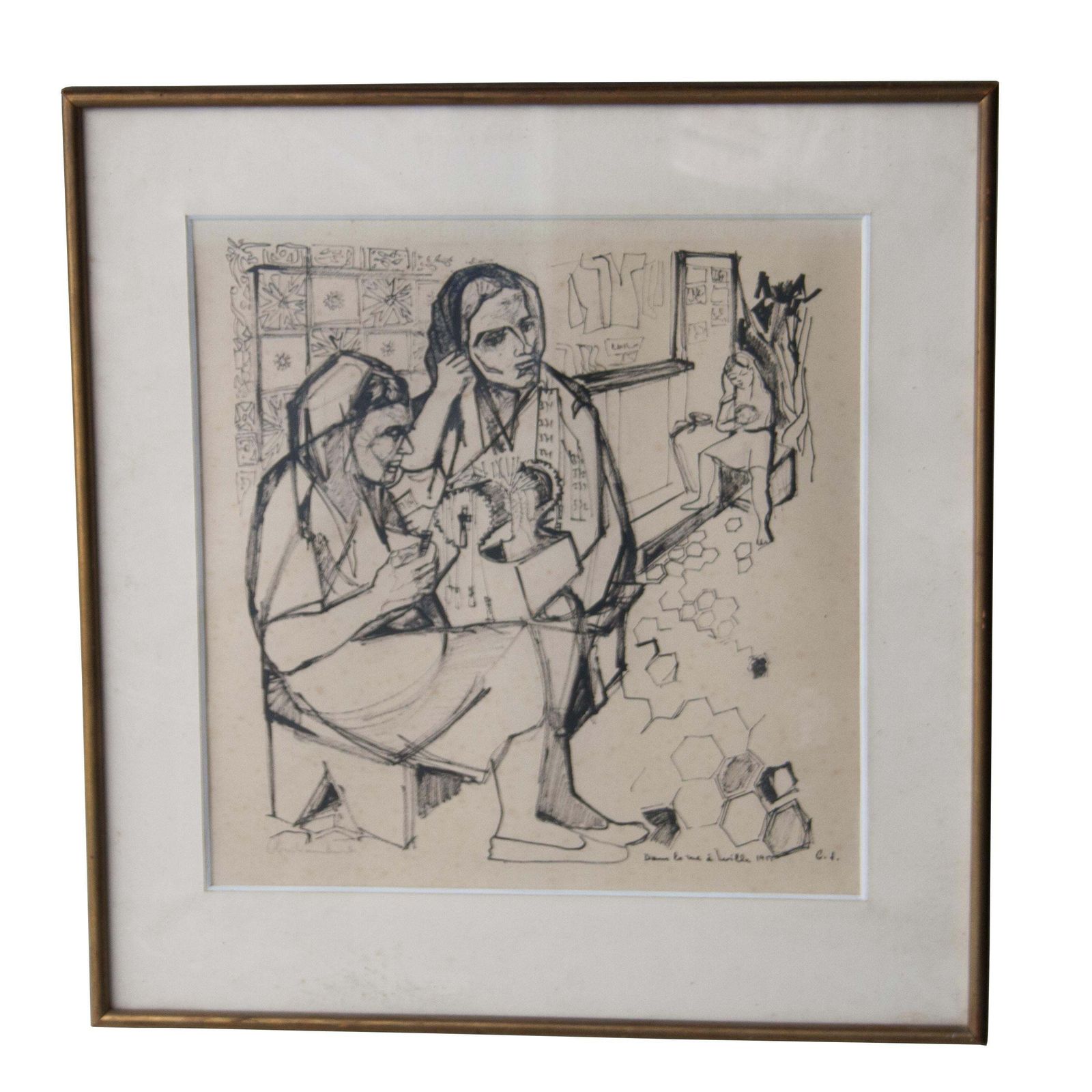 Midcentury Pen Drawing On Paper, France, 1950 photo 469.0