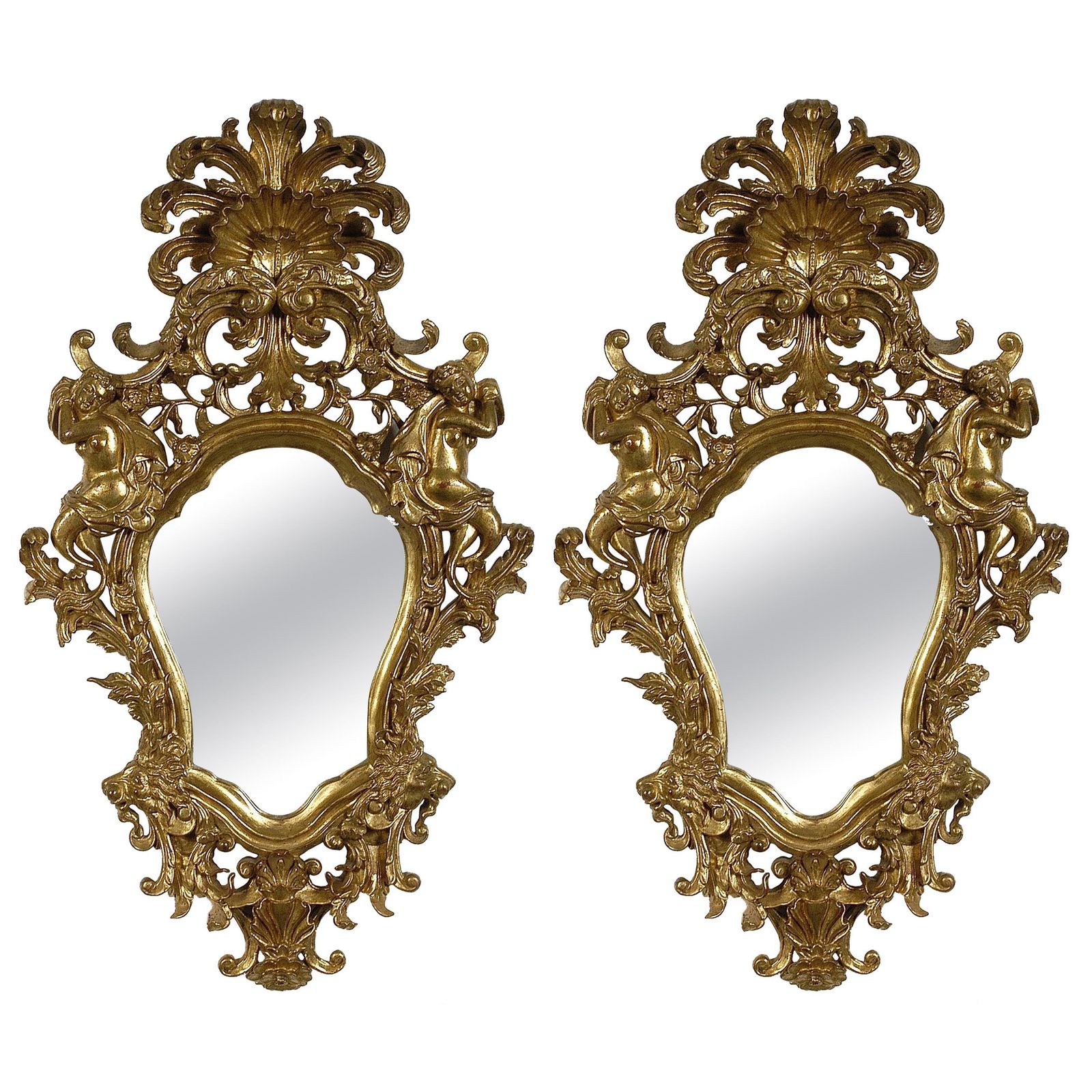 Neoclassical Style Gold Foil Hand Carved Wooden Pair Of Mirrors, Spain, 1970