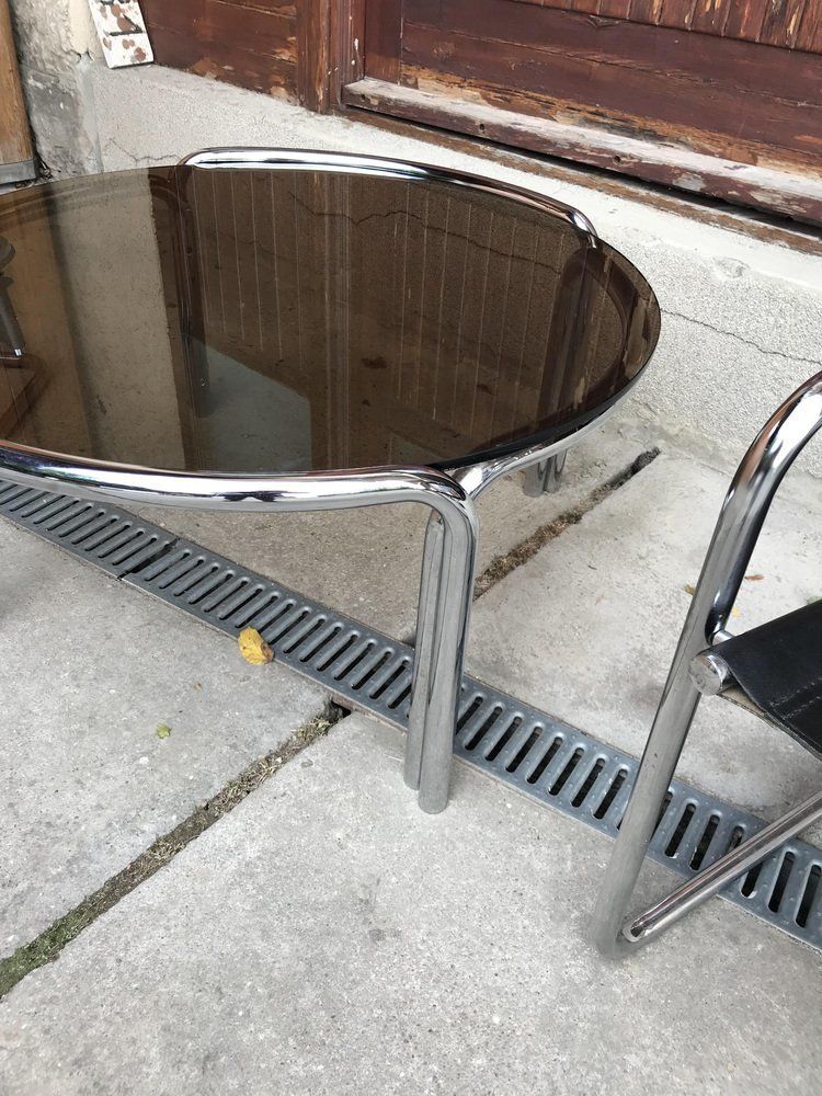 Mid Century Chrome Tubular Coffee Table With Chairs, 1960s, Set Of 3 photo vinterior