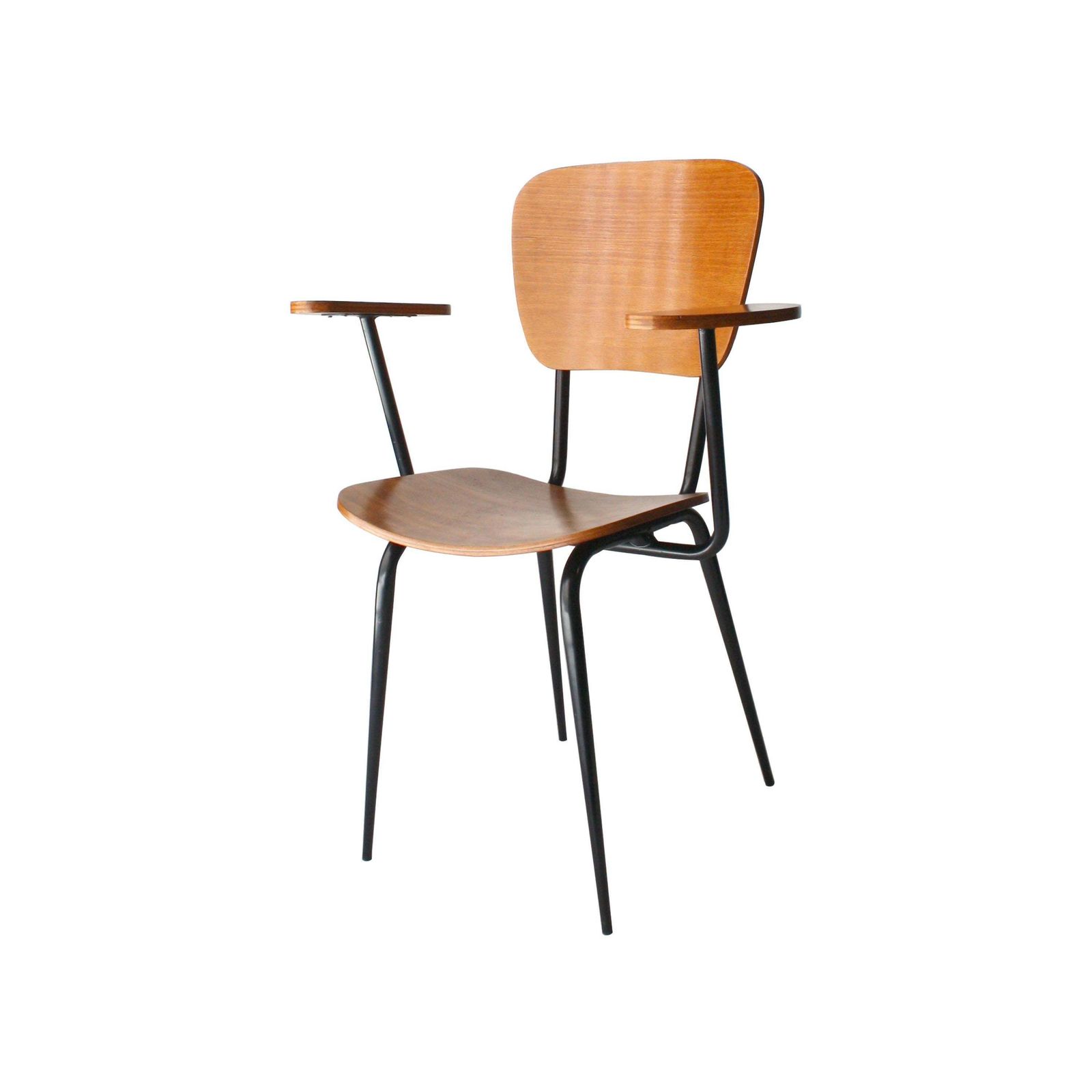 Mid Century Modern Black Iron Teak Pair Of Armchairs, France, 1950 photo for sale
