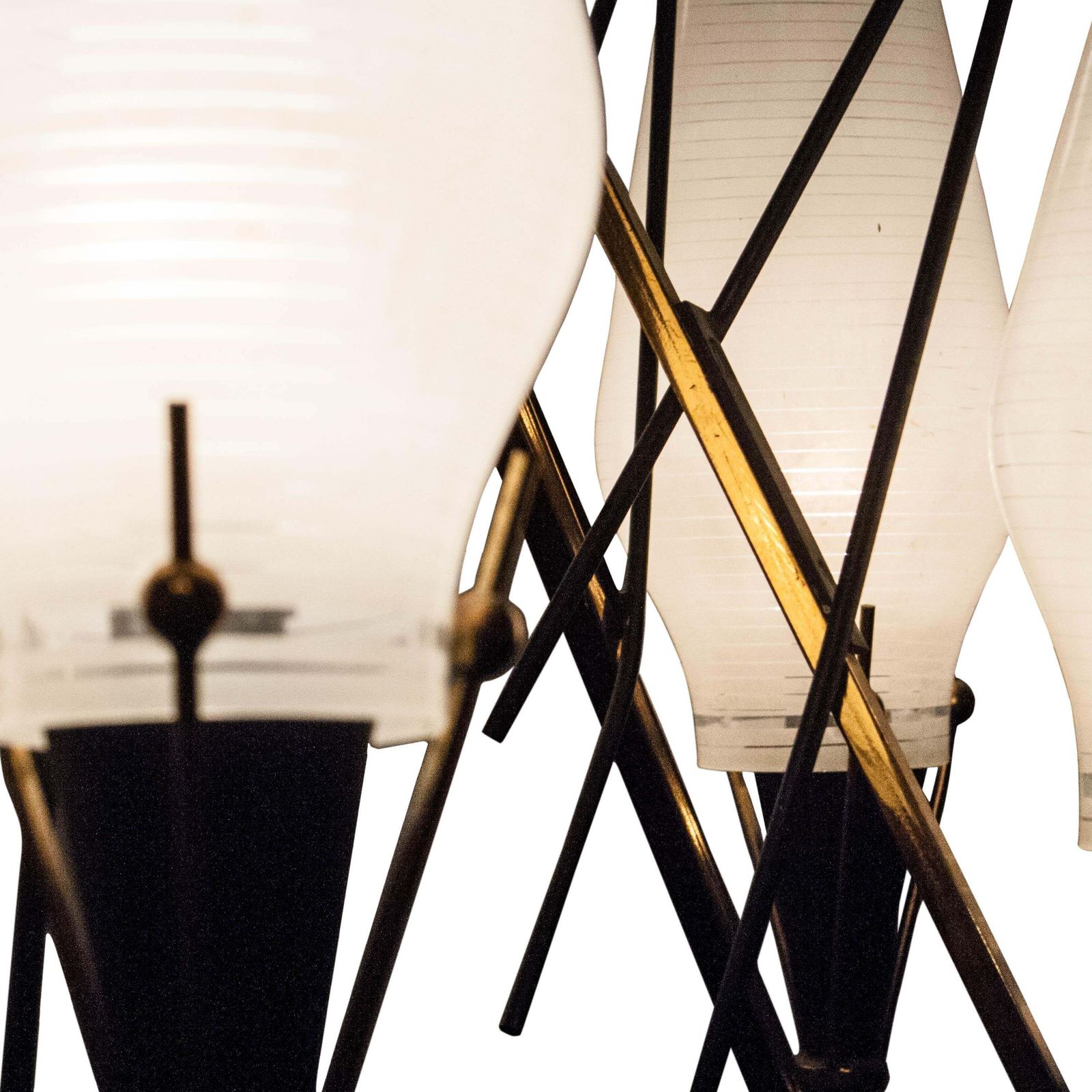 Mid Century Modern Circular Gold White Brass Glass Ceiling Lamp Italy, 1950 photo vintage