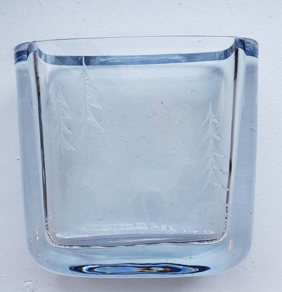 Swedish Ice Blue Glass Vase With An Etched Forest Motif