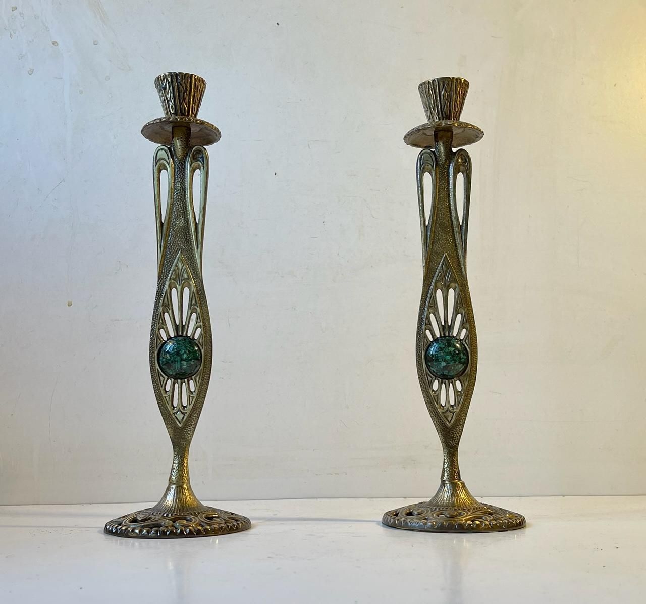 Vintage Holyland Brass Candlesticks With Green Eliat Stones photo Home Decor