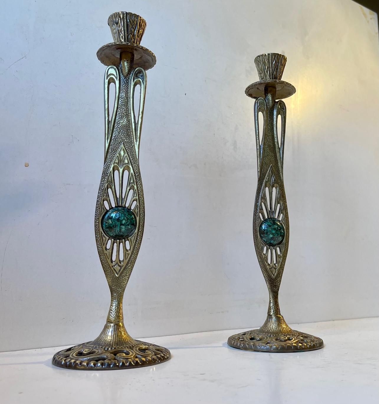 Vintage Holyland Brass Candlesticks With Green Eliat Stones photo vinterior