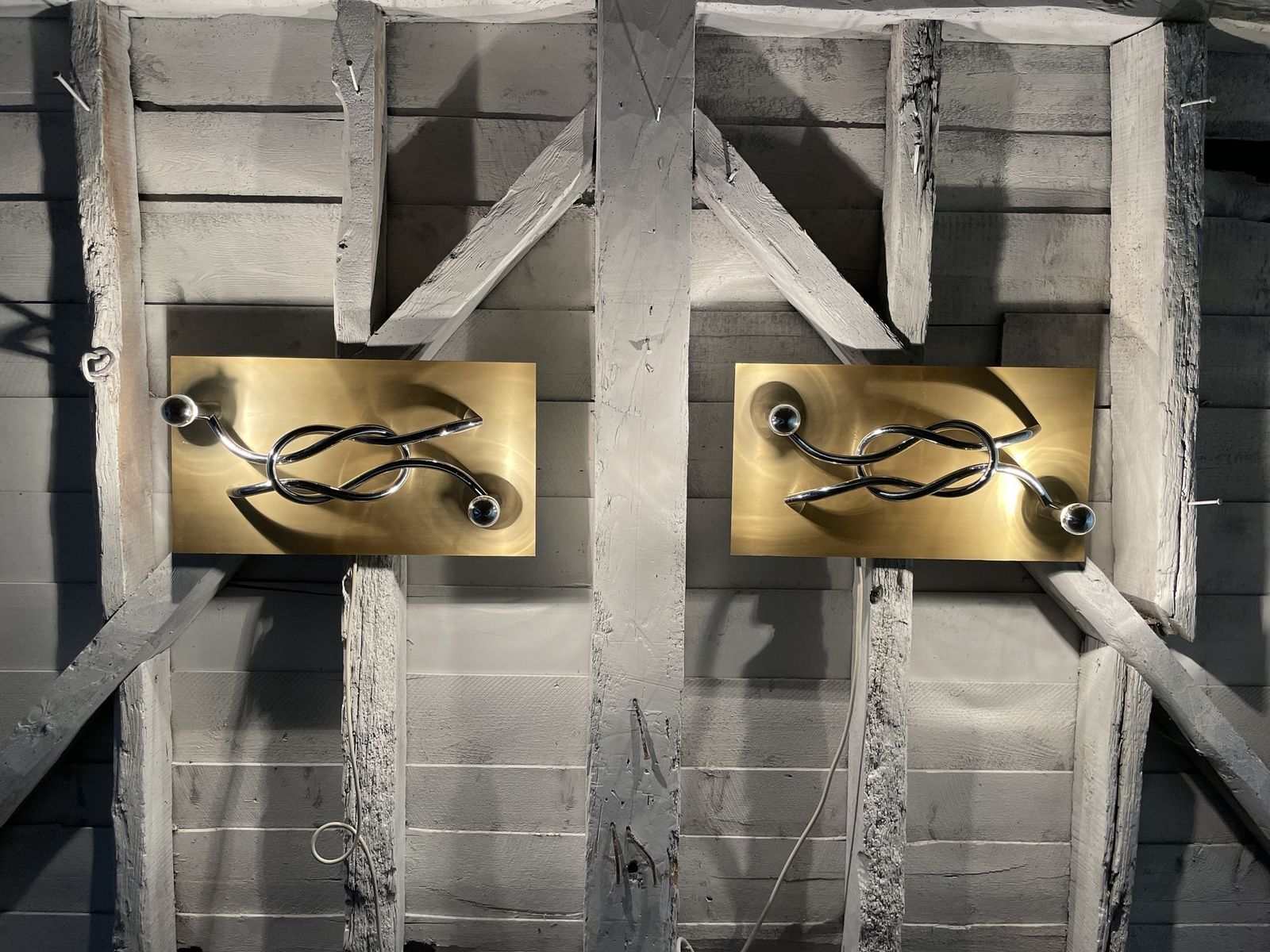 photo for sale A Pair Of 1970s Italian 'Reef Knot' Wall Light Panels / Sconces Designed By Giacomo Benevelli For Missaglia