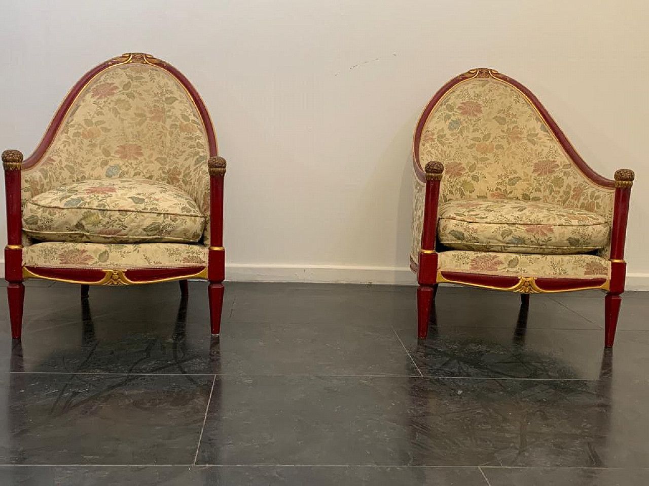 Pair Of Cardinal Red Lacquered Armchairs With Gold Details, 1930s photo for sale