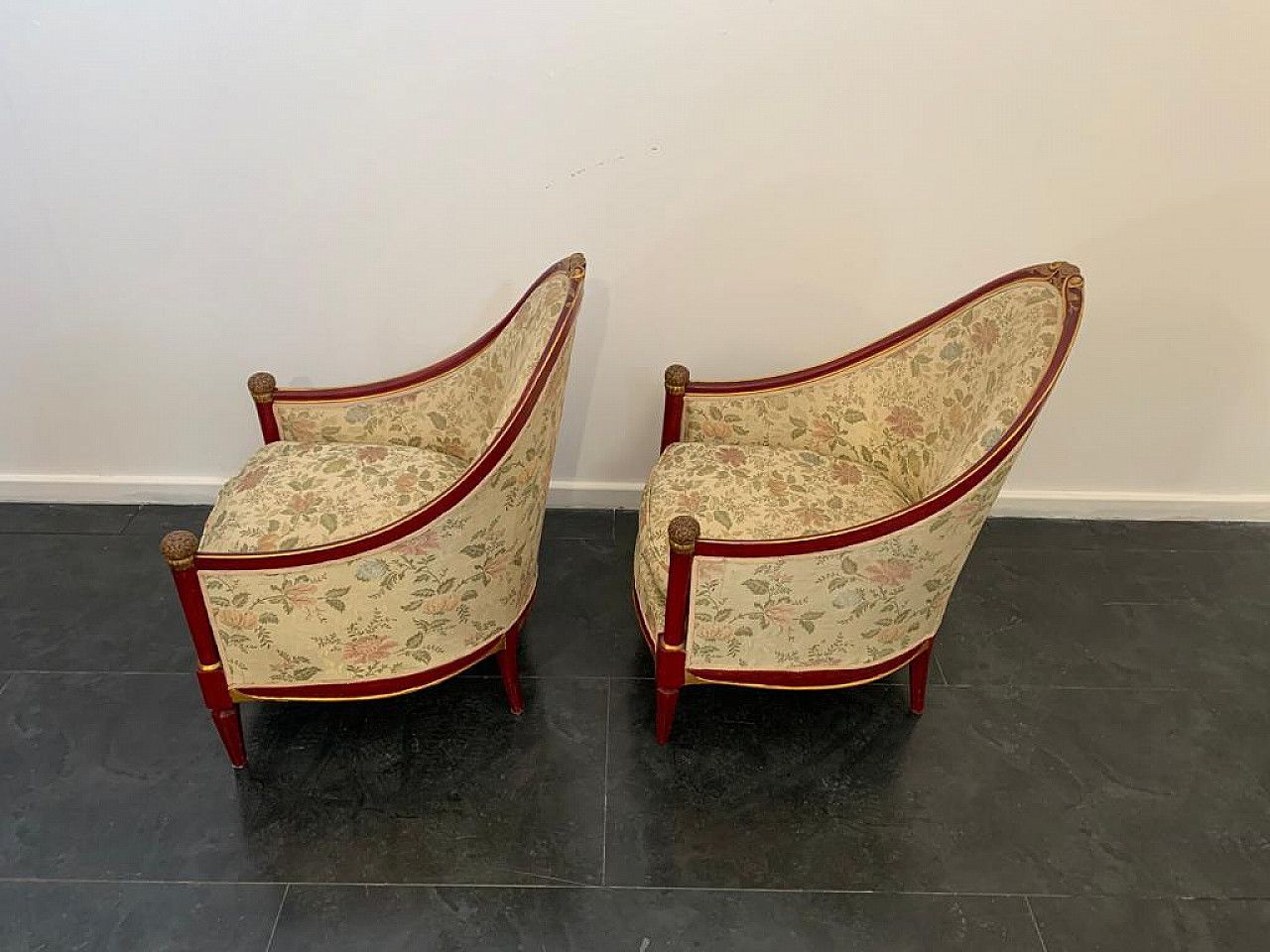 photo for sale Pair Of Cardinal Red Lacquered Armchairs With Gold Details, 1930s