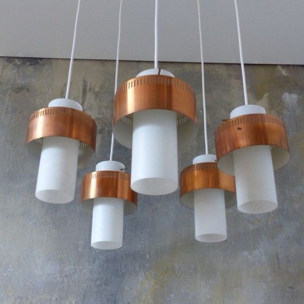 Scandinavian Ceiling Lamp Made Of Copper And Opal Glass. 1950   1960 photo for sale