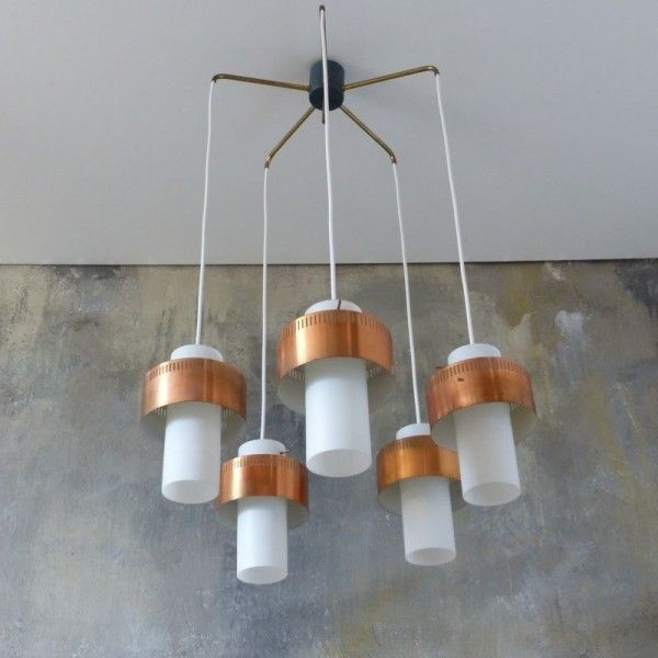 Scandinavian Ceiling Lamp Made Of Copper And Opal Glass. 1950   1960 photo 1564.0