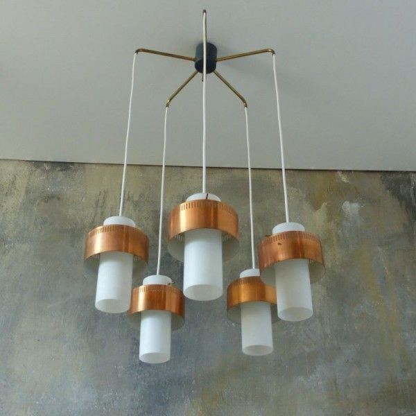 Scandinavian Ceiling Lamp Made Of Copper And Opal Glass. 1950   1960 photo vinterior