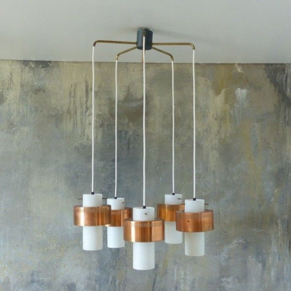 photo furniture Scandinavian Ceiling Lamp Made Of Copper And Opal Glass. 1950   1960