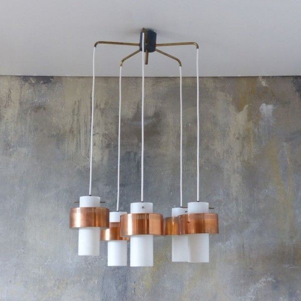 1564.0 Scandinavian Ceiling Lamp Made Of Copper And Opal Glass. 1950   1960 photo