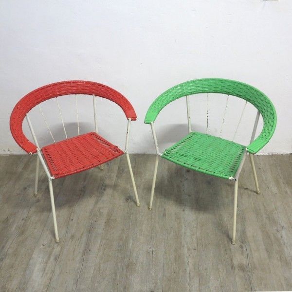German Vintage Garden Chairs In Red & Green 1950 1960
