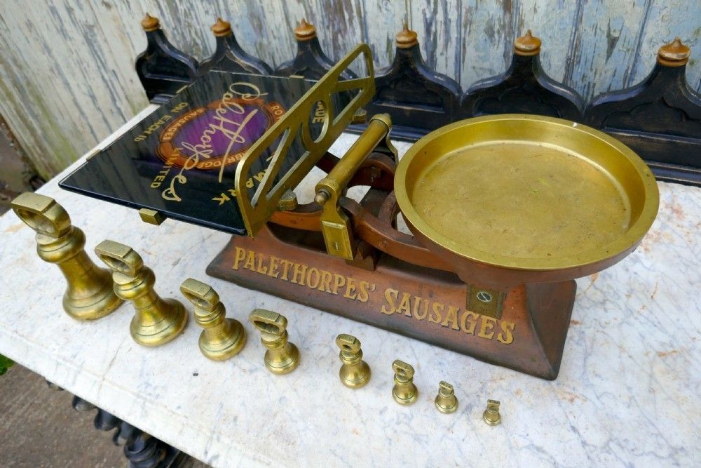 Palethorpes’ Sausage Scales, Victorian Butchers Balance Scales, With Brass Bell Weights photo for sale