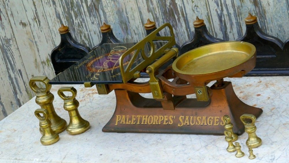 Palethorpes’ Sausage Scales, Victorian Butchers Balance Scales, With Brass Bell Weights photo buy