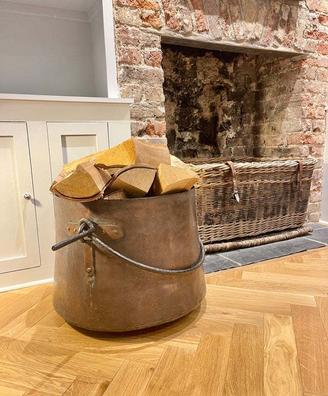 A Beautiful Large Antique Copper Georgian Elephants Foot Cauldron Fire Log Basket Circa 1730 photo for sale