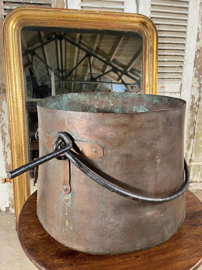 A Beautiful Large Antique Copper Georgian Elephants Foot Cauldron Fire Log Basket Circa 1730 photo vinterior