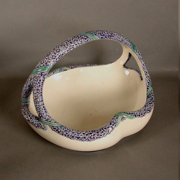 Majolika Karlsruhe. Pottery Basket With Handle. Heinze Art Noue