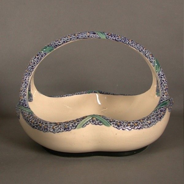 photo furniture Majolika Karlsruhe. Pottery Basket With Handle. Heinze Art Noue