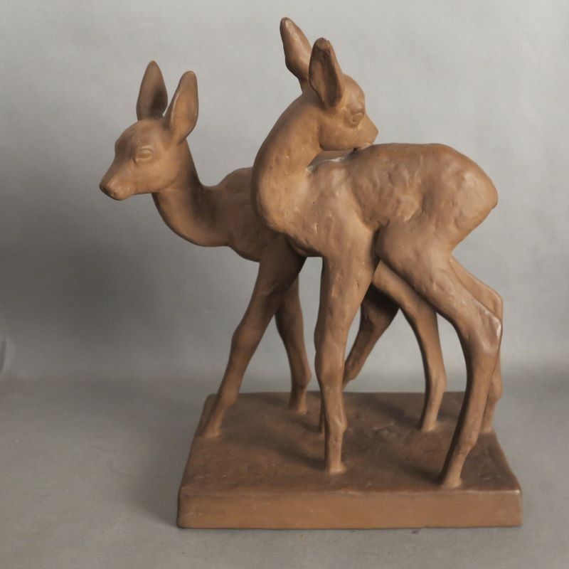 Deer Group Made Of Ceramic From The Karlsruher Majolica By Else Bach. 1950   1959