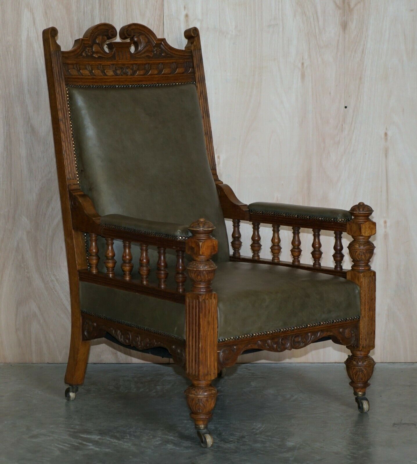 Antique Pair Of Ornately Carved Oak Framed Leather Victorian Throne Armchairs photo furniture