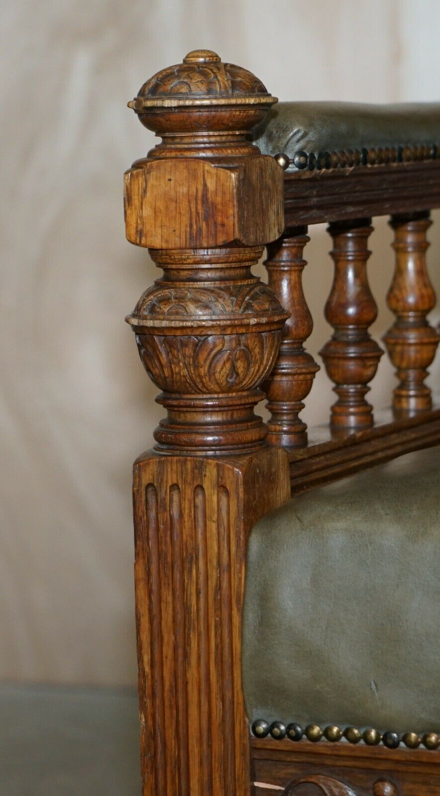 Antique Pair Of Ornately Carved Oak Framed Leather Victorian Throne Armchairs photo vintage