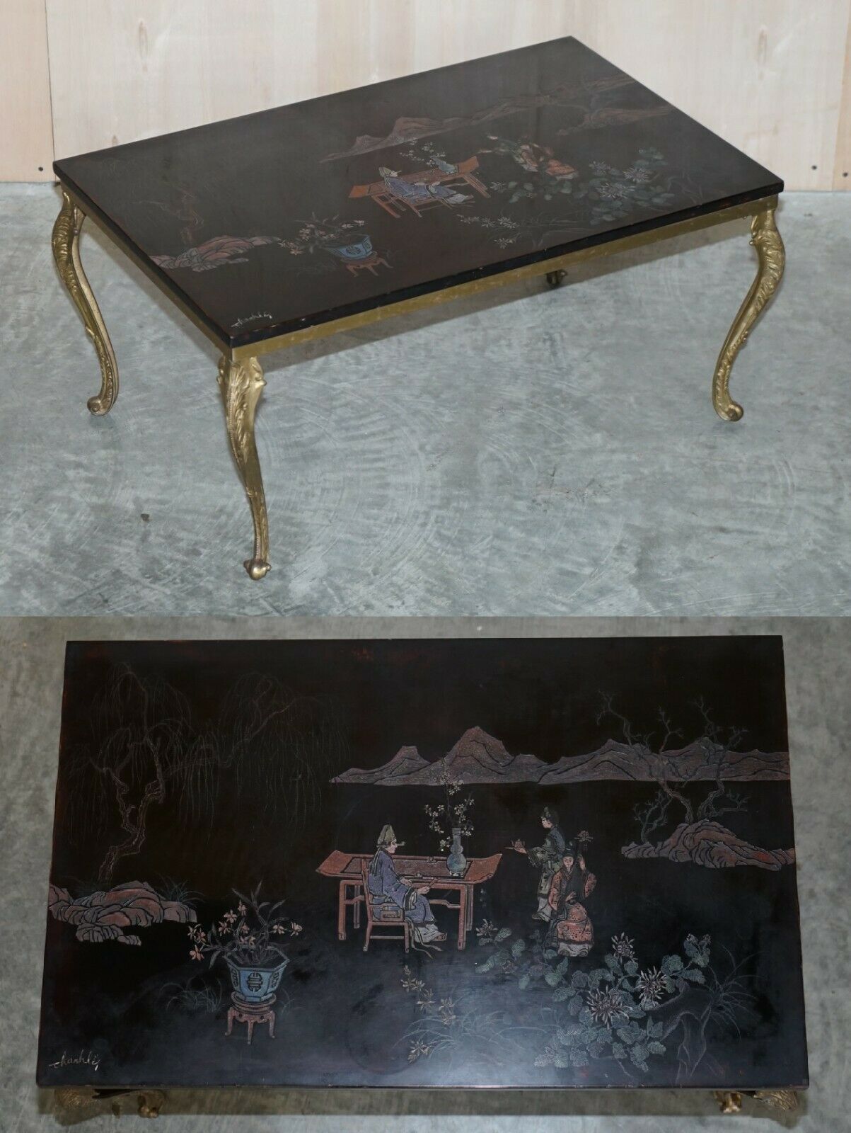 Lovely Vintage Signed Hand Painted Chinese Oriental Coffee Cocktail Side Table