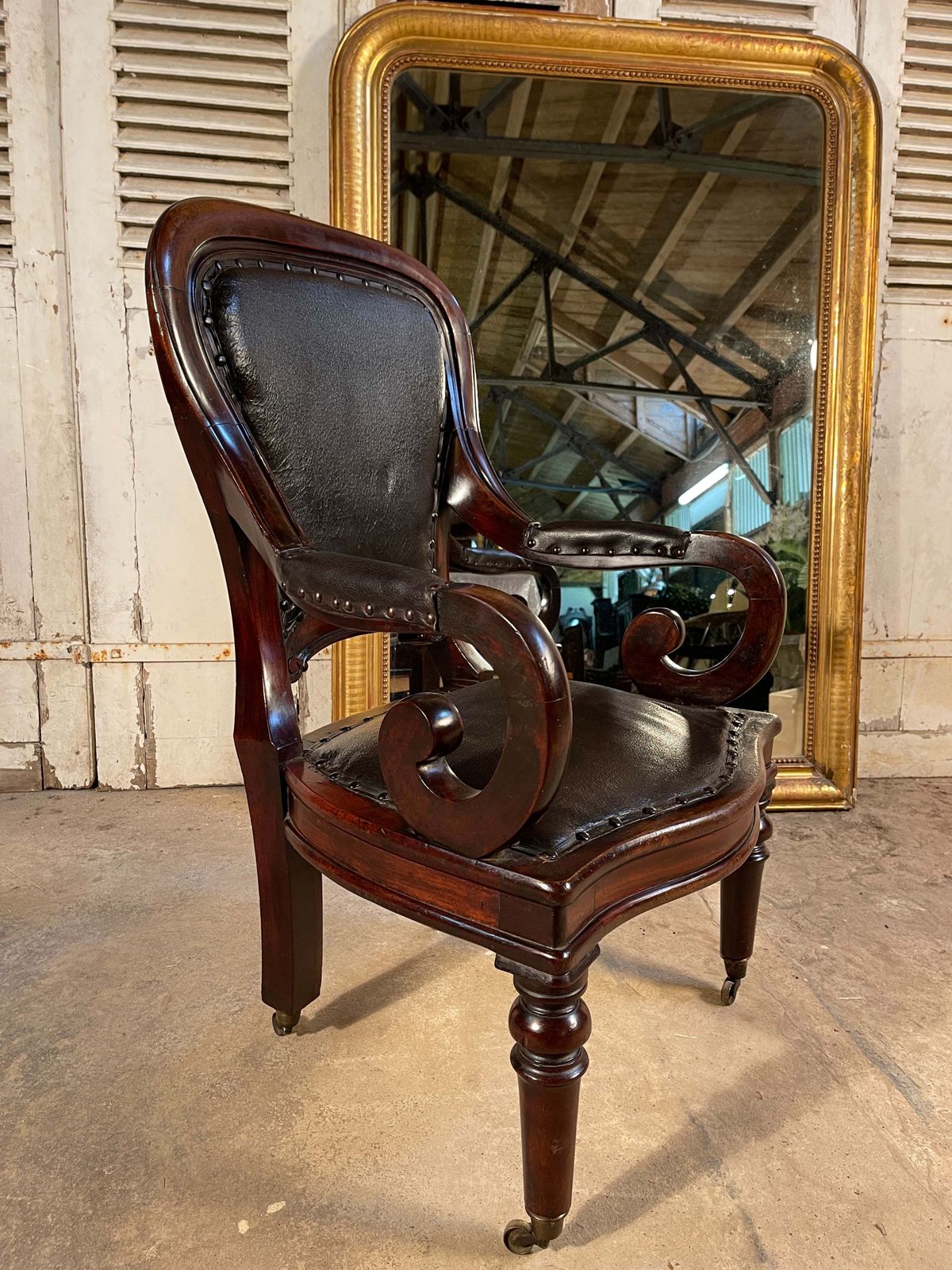 Antique English Leather & Mahogany Clerks Desk Chair Circa 1830