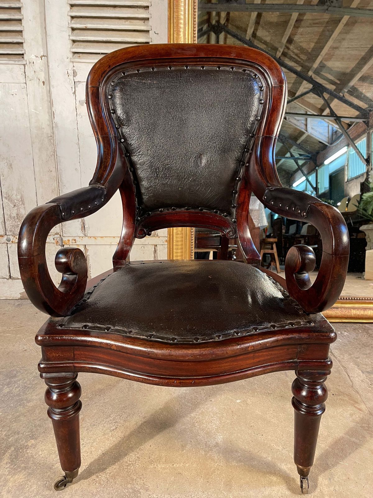 Antique English Leather & Mahogany Clerks Desk Chair Circa 1830 photo furniture