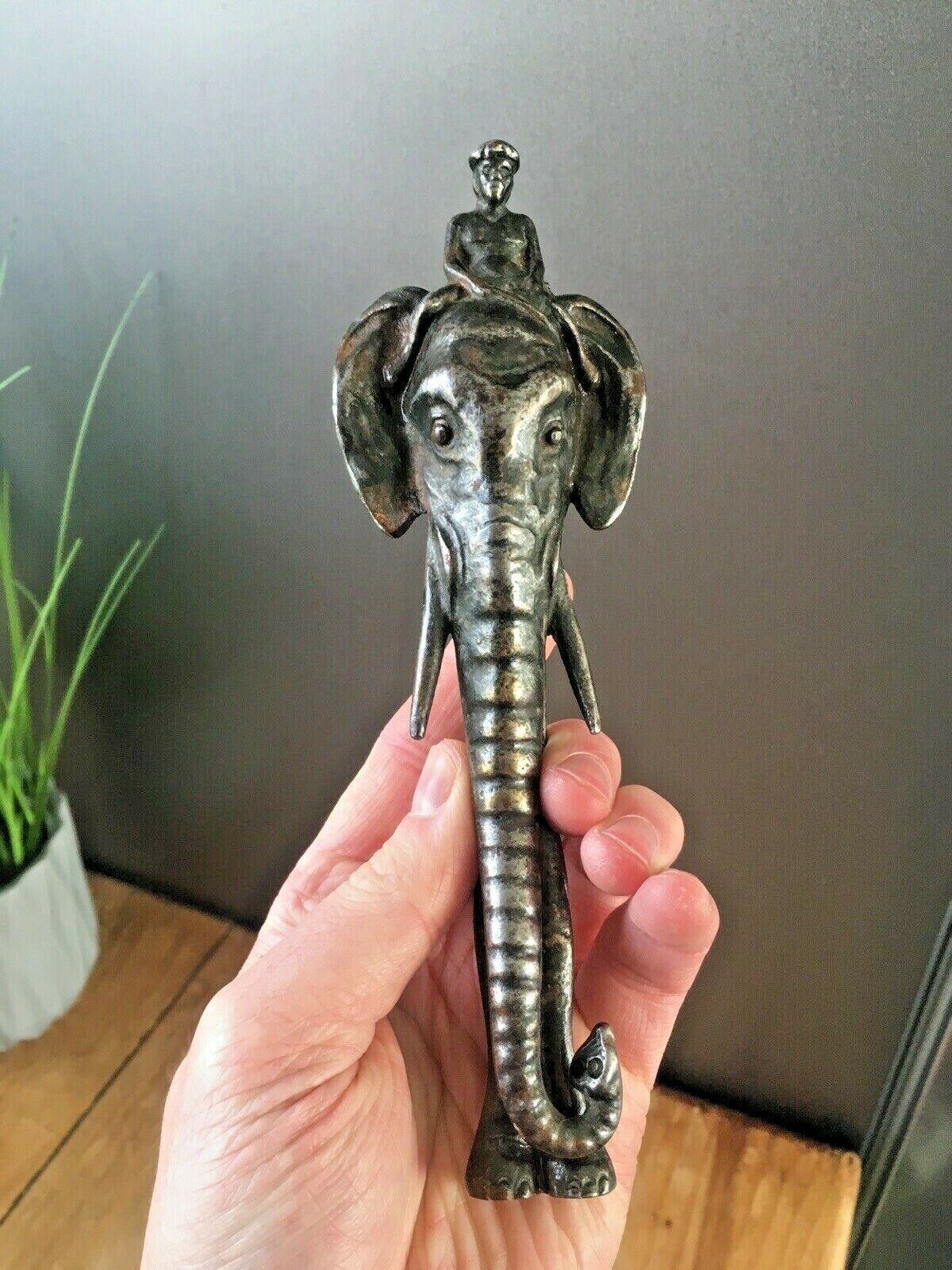 Home Fixtures Beautiful Antique Cast Metal African Elephant Mahout Door Knocker / Nut Cracker photo