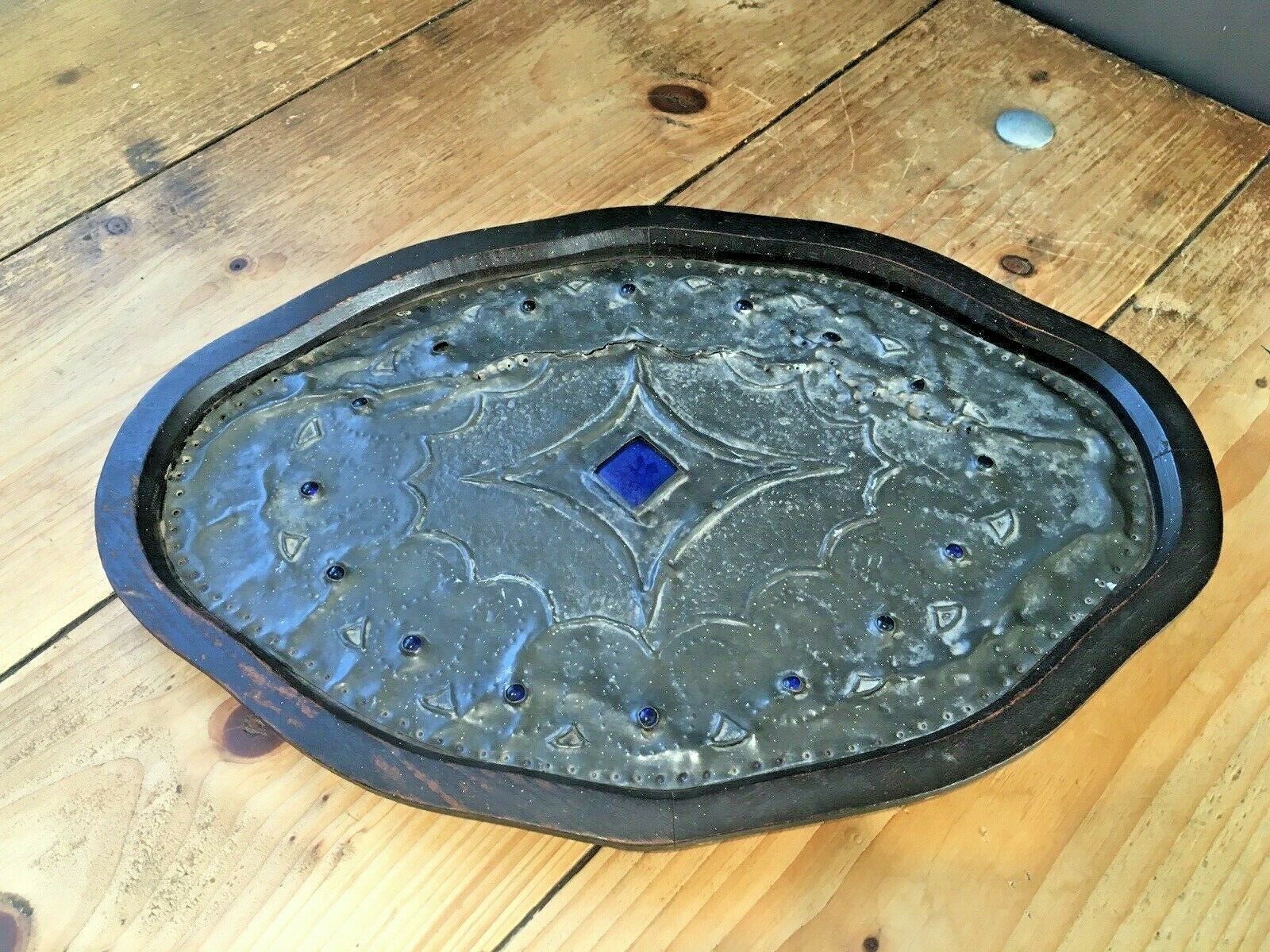 Arts & Crafts Hammered Pewter Cabochon Jewelled Wooden Tray Liberty Ruskin Style photo Home Decor