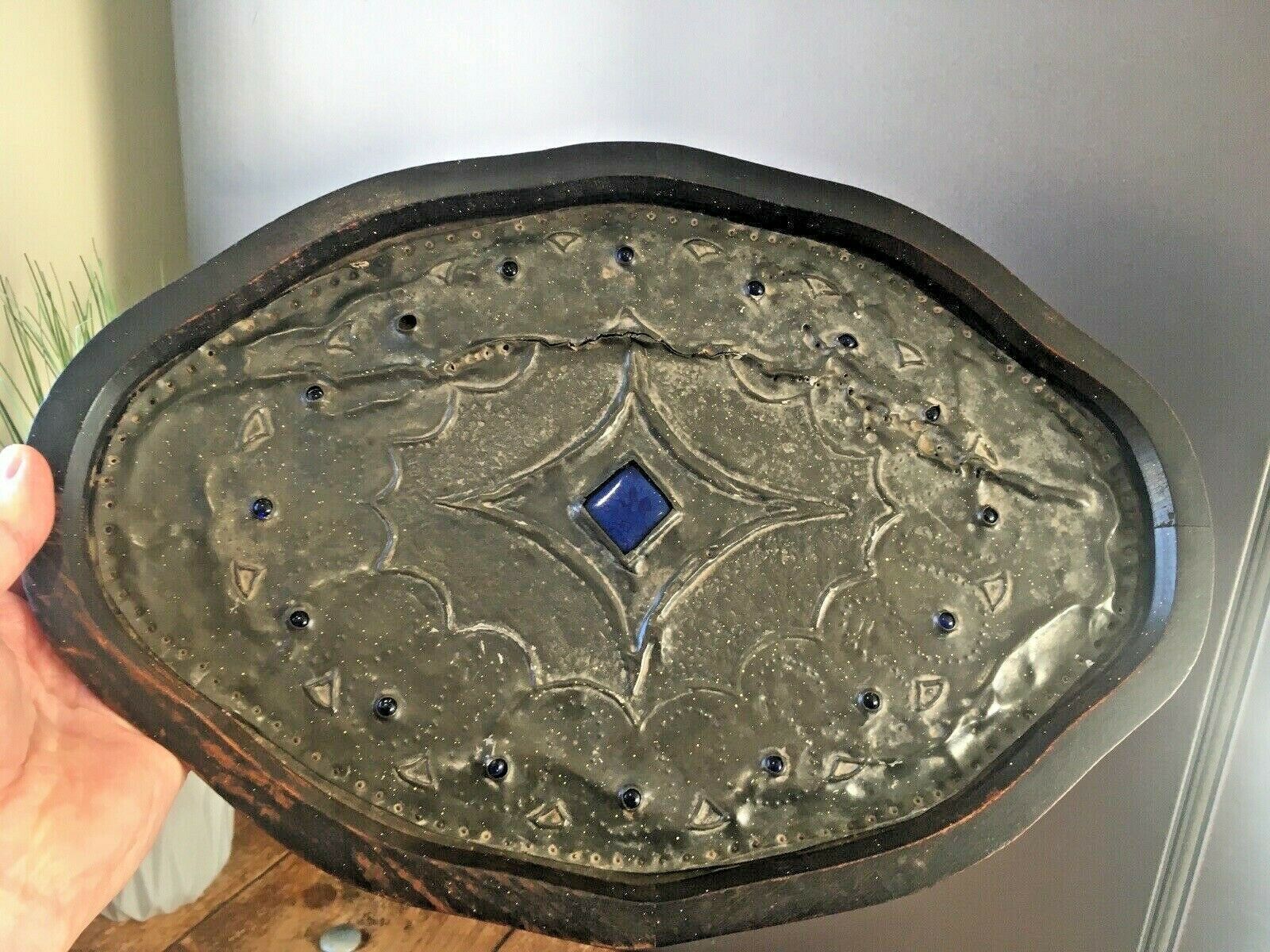 Arts & Crafts Hammered Pewter Cabochon Jewelled Wooden Tray Liberty Ruskin Style photo 65.0