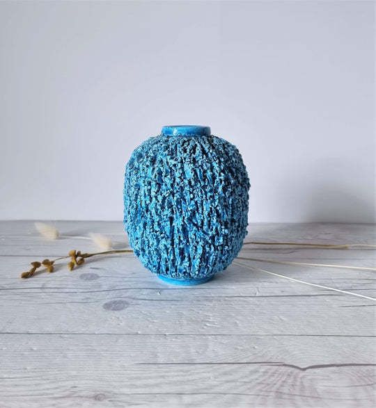 Gunnar Nylund For Rorstrand Chamotte Hedgehog Series Sculpted Turquoise Vase 1940s 50s Swedish photo vinterior