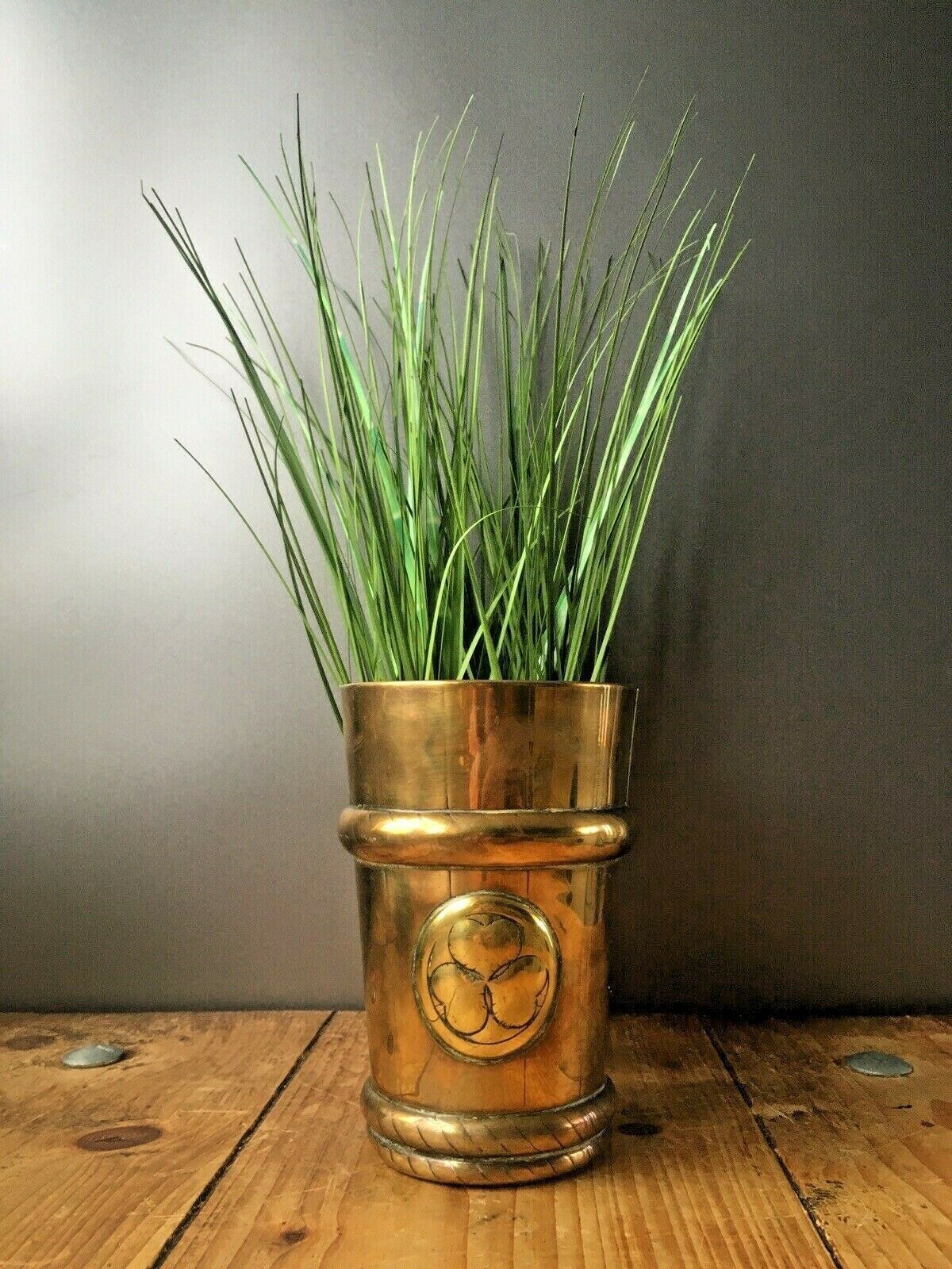 Antique Vintage Brass Beaker Clover Flower Plant Pot Cachepot Barrel Rope Twist