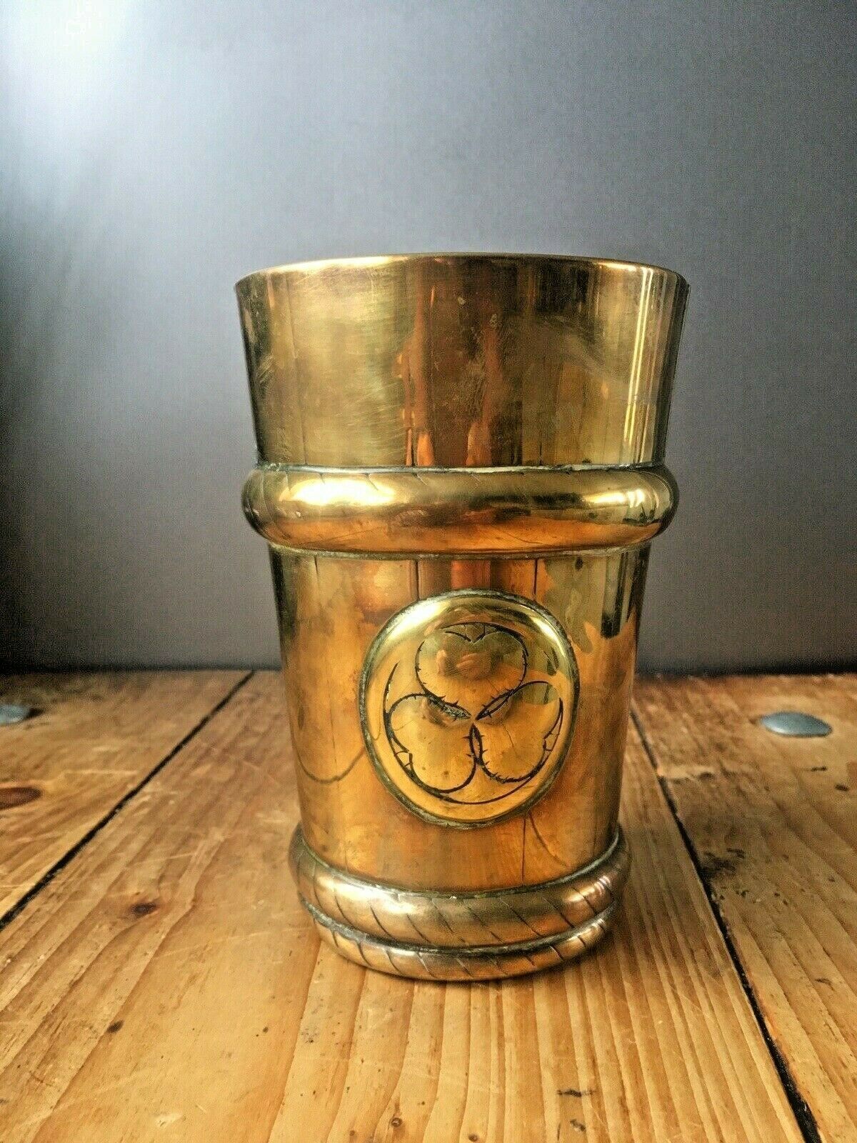 Antique Vintage Brass Beaker Clover Flower Plant Pot Cachepot Barrel Rope Twist photo 50.0