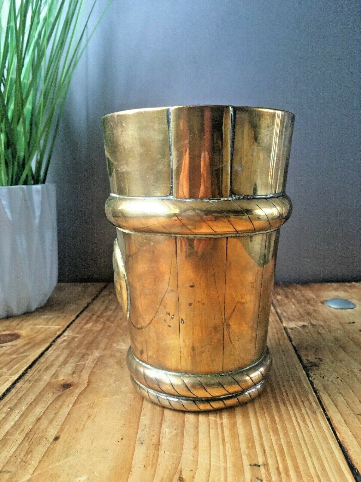 Antique Vintage Brass Beaker Clover Flower Plant Pot Cachepot Barrel Rope Twist photo vinterior